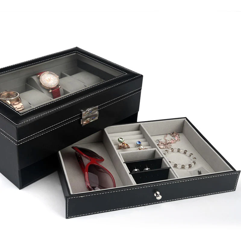 Luxury Double Layer Watch Box Organizer Men Black PU Leather Watch Case Holder Storage Box for Quartz Watches Gift Jewelry Box