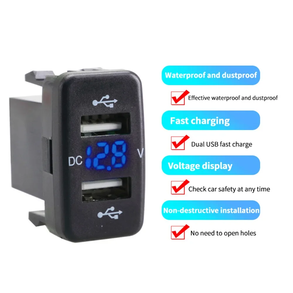 12V-24V Car Charger Socket Adapter Dual USB Ports Fast Charger Socket with Voltage Display for Toyota Auto Accessories 40X22mm
