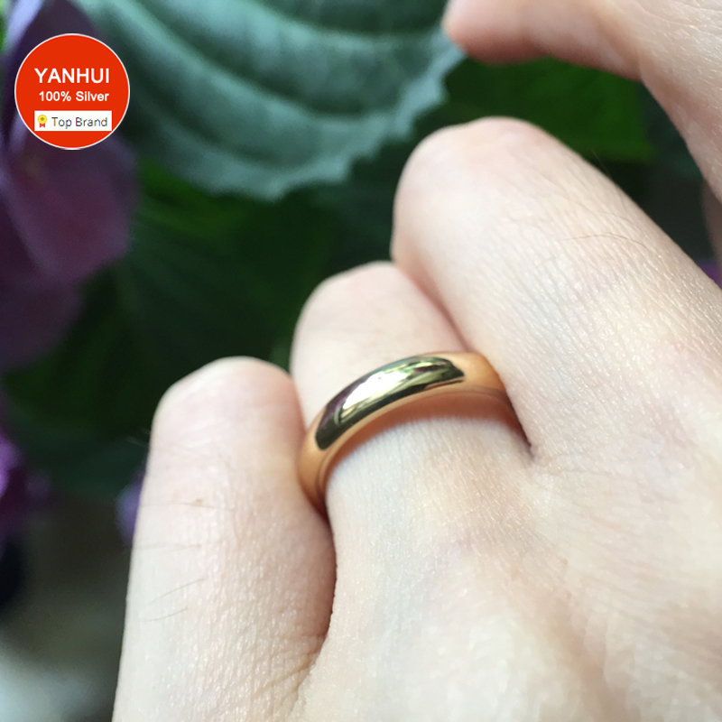 YANHUI Real Pure Gold Color Rings For Women And Men Simple Couple Ring Smooth Wedding Band For Lovers JR050