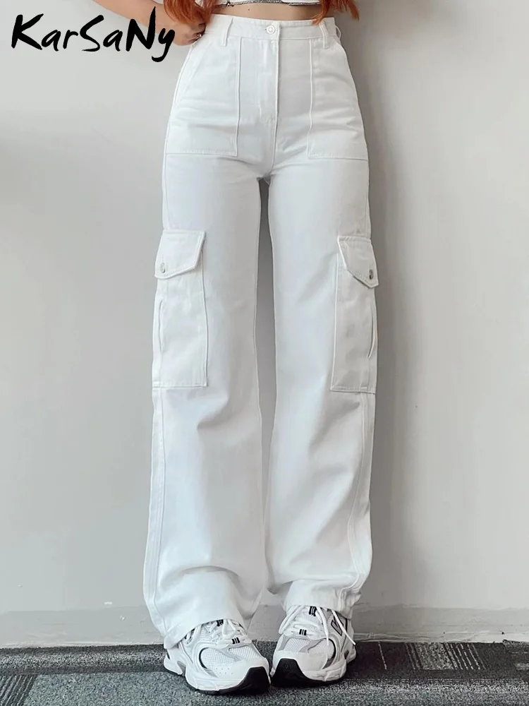 KarSaNy White Cargo Pants For Woman Casual Pockets Trousers Straight Apricot Wide Leg Sweatpants Women Cargo Pants Side Pocket