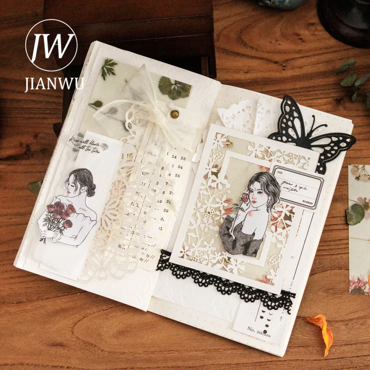 JIANWU 30 Sheets Hollow Echo Series Vintage Flower Hollow Decor Material Paper Creative DIY Junk Journal Collage Stationery