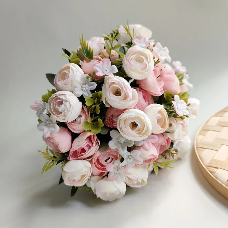 Pink Wedding Flowers for Bridesmaid Bride Bouquet Mariage Accessories Small Silk Roses Artificial Boutonniere Wrist Corsage Pins