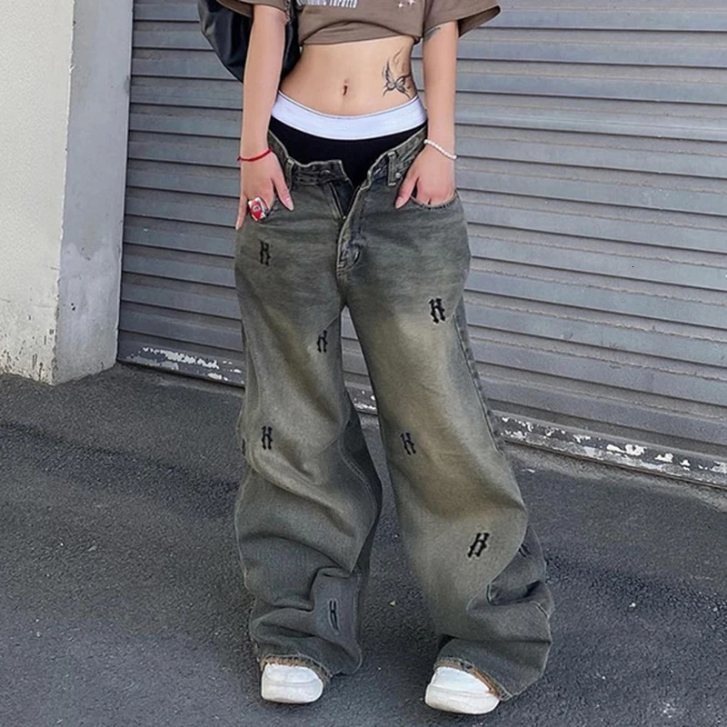 Rockmore Baggy Womens Jeans Streetwear Y2K Straight Pants Low Rise Wide Legs Harsh Denim 90s Retro Korea 241031