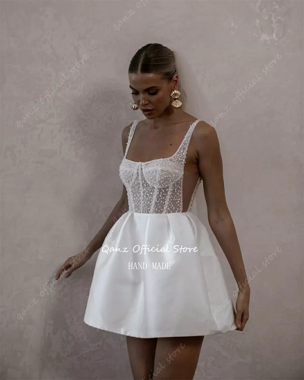 Qanz Pearls Satin Short Wedding Dresse new Spaghetti Straps Above Knee Length Bridal Gowns Robe De Mariage 2025 2024 Cooktail Party Dress