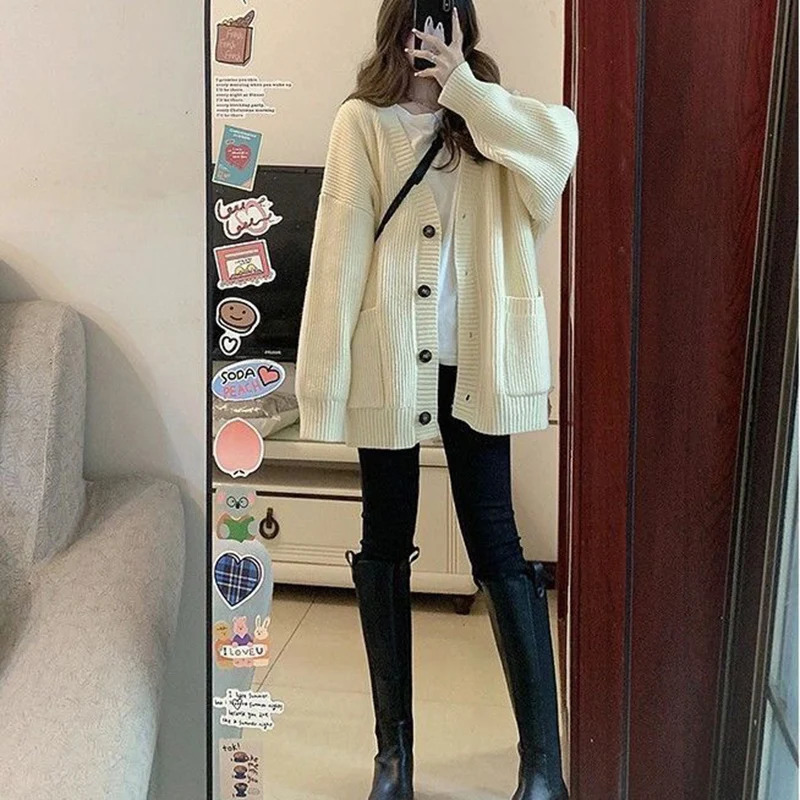 Rim Harajuku loose brown cardigan womens chic V Nekc single chest knitted cardigan womens autumn student sweater jacket 241031