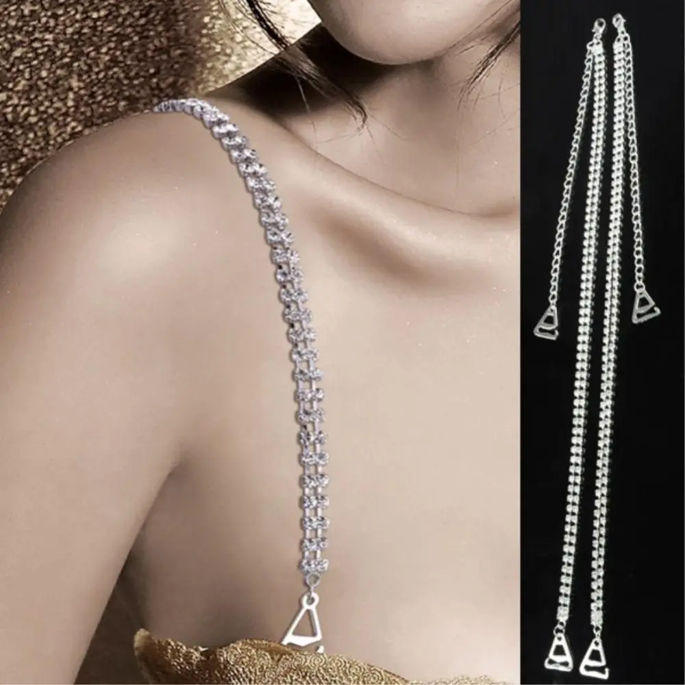 1 Pair Women Clothing Intimates Adjustable Metal Double Row Bra Straps Crystal Diamante Rhinestone Bra Shoulder Belt