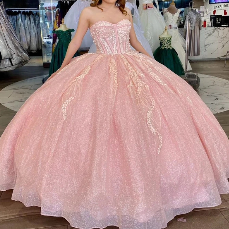 Pink Shiny Off The Shoulder Ball Gown Quinceanera Dresses Ruffles Sequined Appliques Lace Beads Corset Vestidos De 15 Anos Sweet 16 Dress