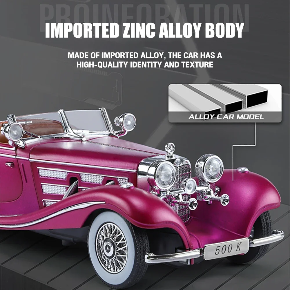 Metal Classic Cars Toys Scale 1/24 500K Vintage Car Diecast Alloy Model Gift for Boys Children Kids Toy Vehicles Sound and Light