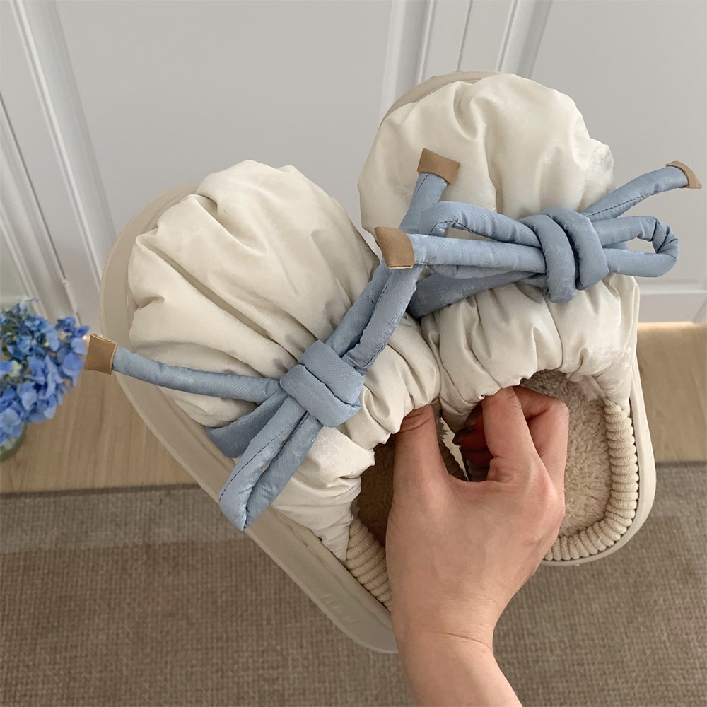 Sweet contrast color bow Family Slippers Women Girls Cute fluffy winter warm plush indoor flats Bedroom slide casual women's cotton slippers