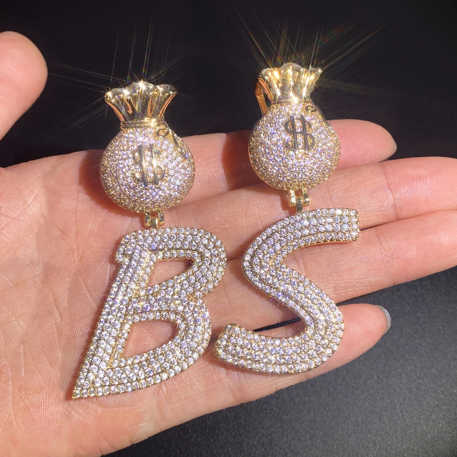 Dollar Bag Bail Initial Letters Pendant Iced Out Cubic Zirconia Gold Silver Color Necklace Chain Men Women Hip Hop Jewelry