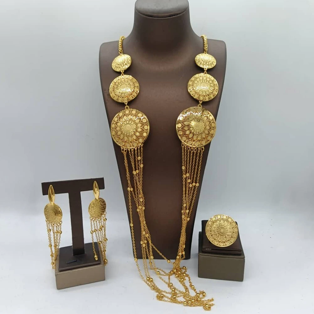 African Gold Color Jewelry Set for Ladies Bohemia Flower Design Long Chain Necklace and Earrings with Ring Set for Weddings Gift