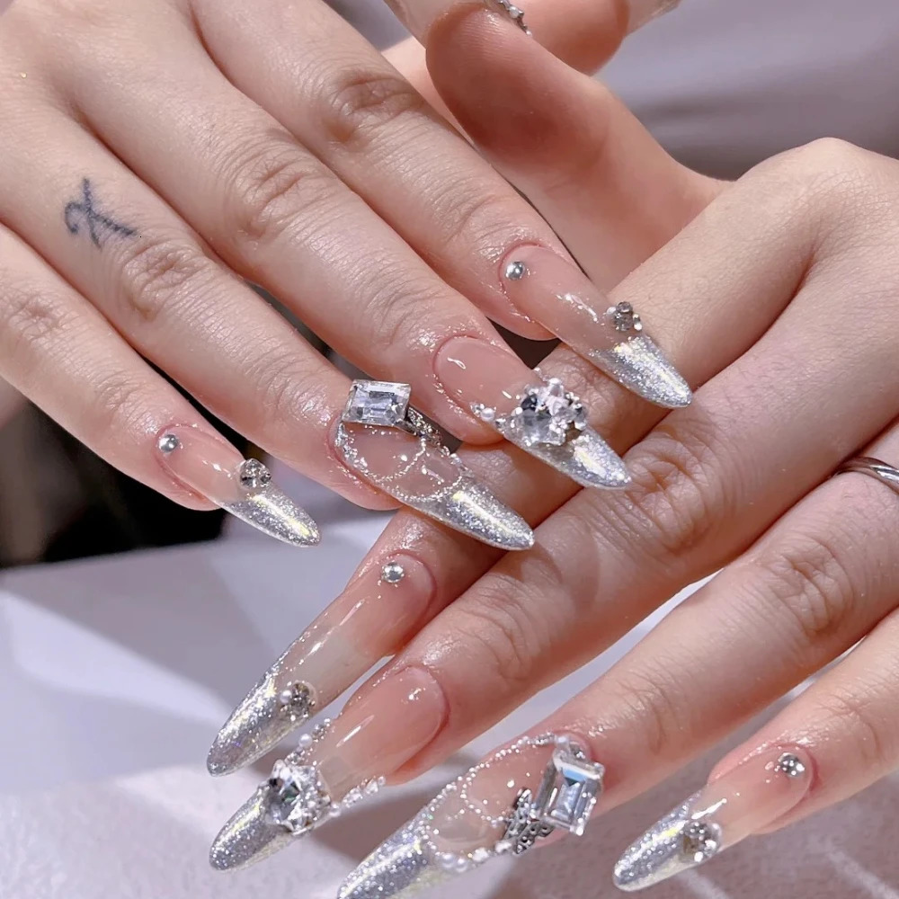 10 handmade pressed nails handmade long almond French fake nails Christmas and Year limited edition silver nail n with set 241031