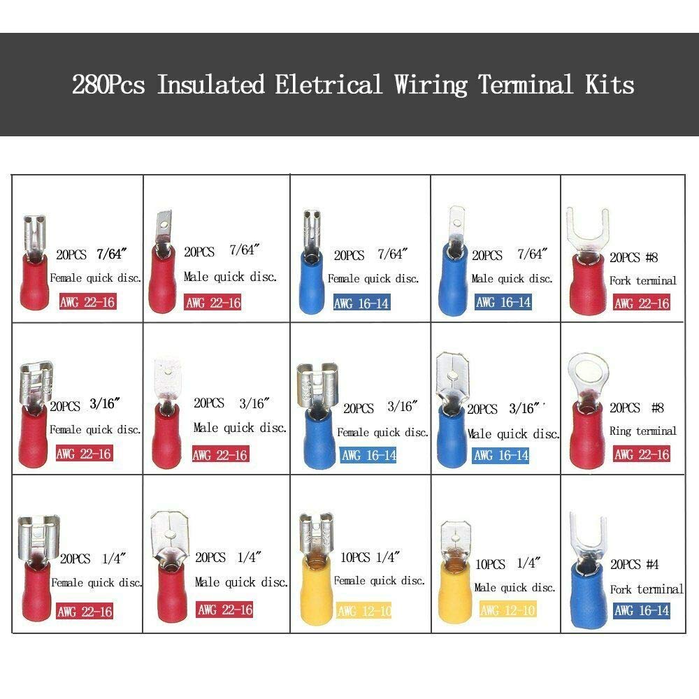 280pcs set Kit Cable Lugs Assortment Kit Wire Flat Female and Male Insulated Electric Wire Cable Connectors Crimp Terminals Set