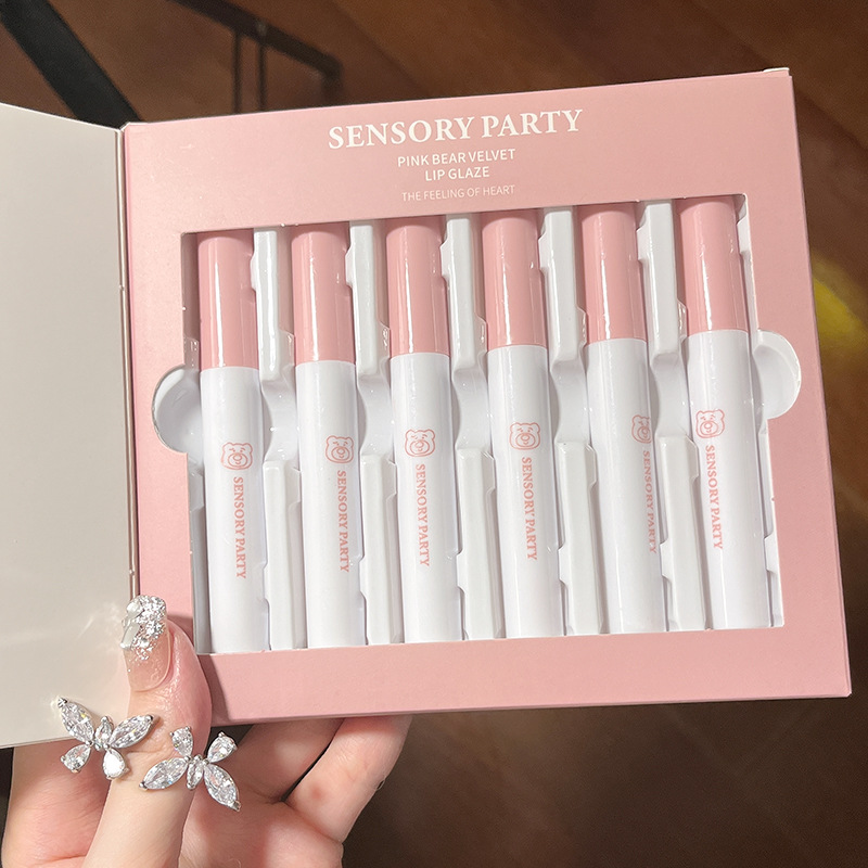 6Pcs/set Pink Bear Velvet Lip Gloss Matte Velvet Lip Glaze Waterproof Long Lasting Non-marking Natural Lip Tint Cosmetic Kit