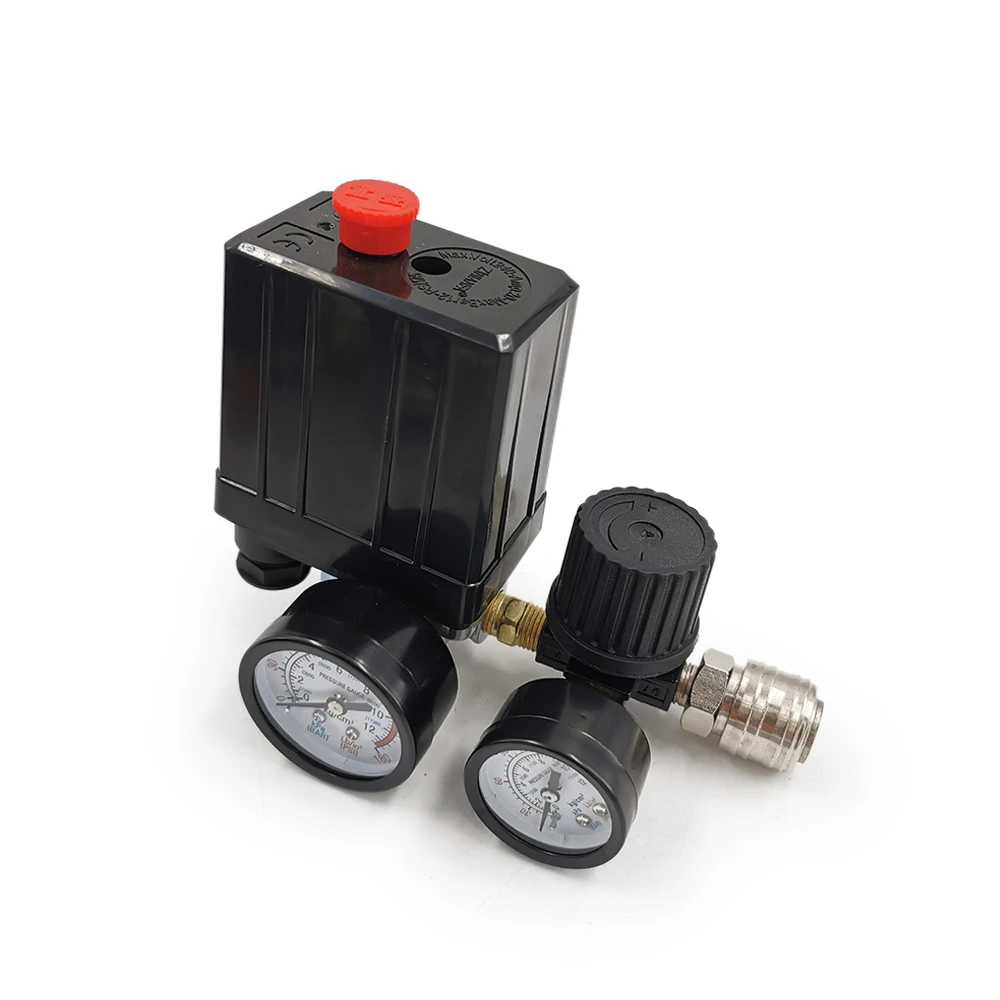 AC 220V Air Compressor Pump Pressure Control Switch 4 Port Manifold Relief Regulator 30-120PSI Control Valve with Gauge