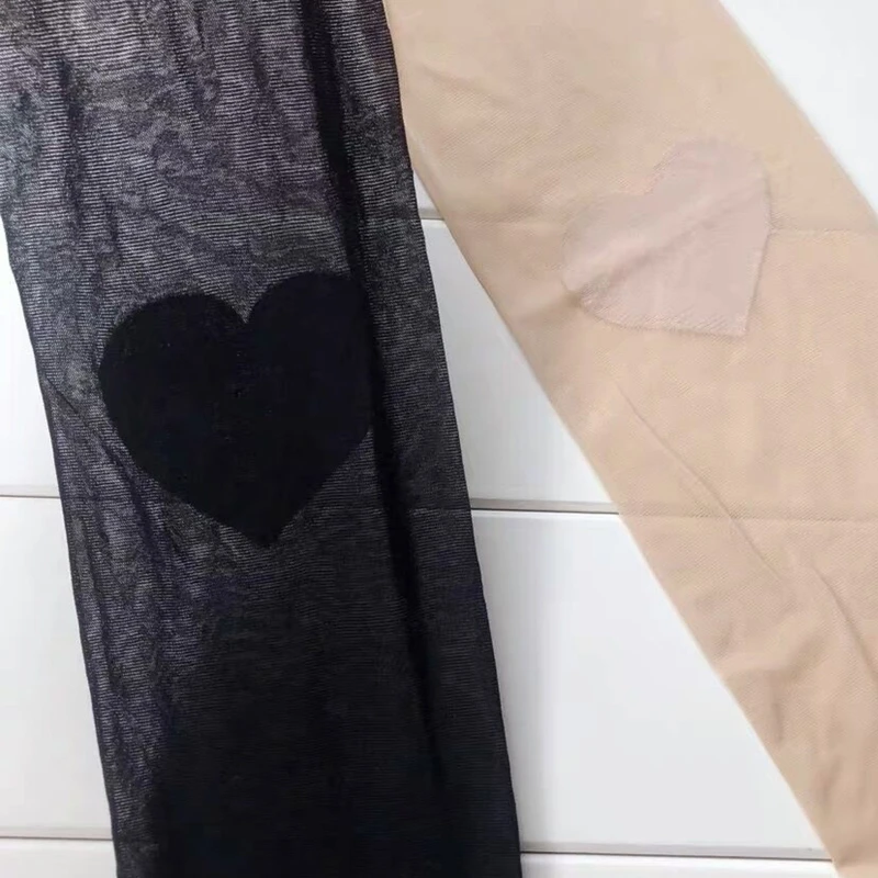 Women Dark Gothic Silky Transparent Pantyhose Harajuku Sweet Knee Love Heart Pattern Sheer Tights Personality Street Thin