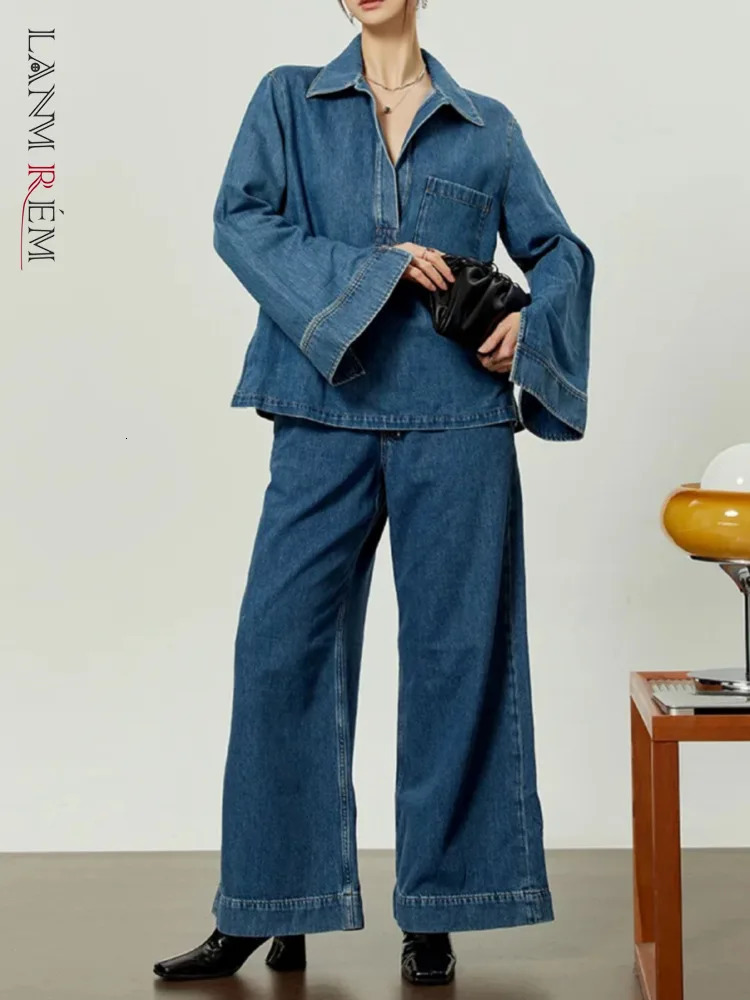 Home>Office>Womens Laundry 2-piece Set Womens V-neck Lanhua Shirt High Waist Loose Jeans Fall 241031