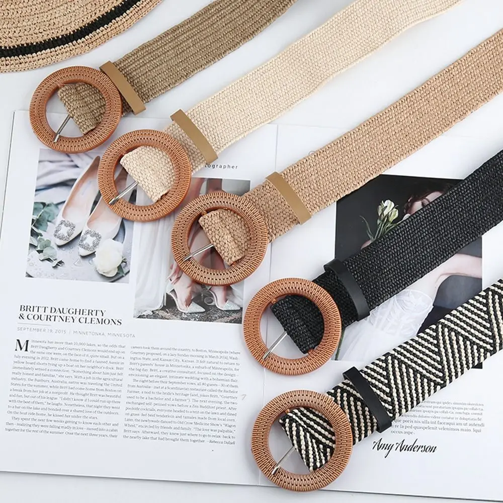 Summer Bohemian Women Elastic Waist Belt Straw Belt Braided Waistbelt Wide
