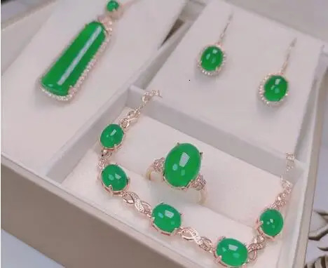 Silver natural stone green inlay jade agate jade necklace bracelet earring jewelry crystal zircon 241031