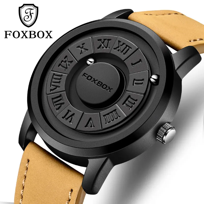 2024 New Men Watch FOXBOX Brand Creative Scrolling Beads Quartz Watches for Men Magnetic Force Leather strap Waterproof Clock