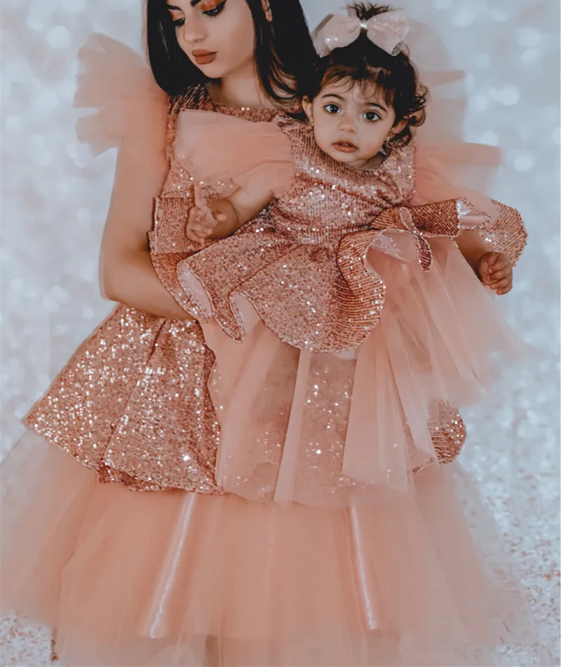 Glitter Sequin Celebrity Baby Dresses Sequin Bow Tulle Layer Flower Girls Dresses Shiny Girl Birthday Gowns New Year