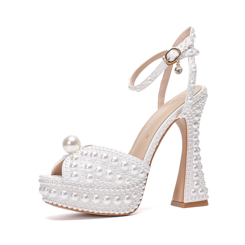 luxury Women Sandals Fashion High Quality Wedding Shoes Women New Pearls Studs Luxury Peep Toe High Heels Buckle Woman Sandal 43