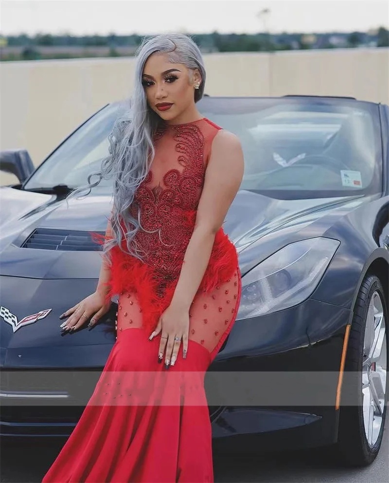 Elegant Red Dimonds Prom Dresses Mermaid Sparkly Rhinestones Crystals Feathers Gown For Black Birthday Party Gowns