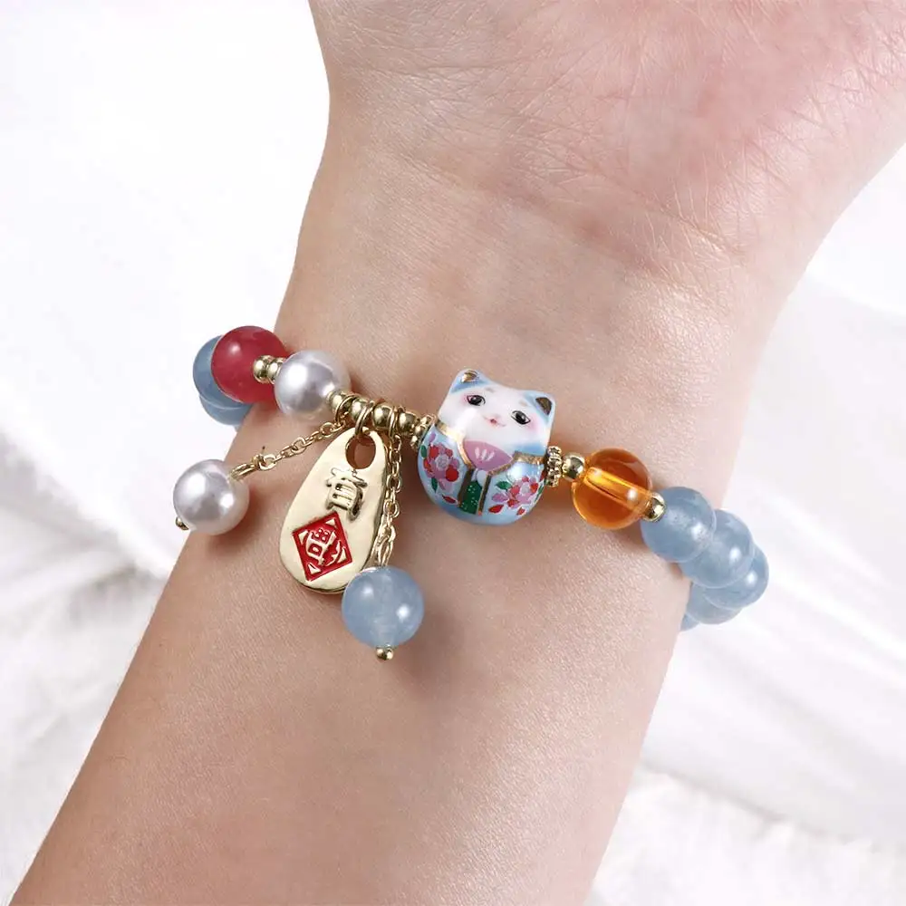 Blue Pearl Crystal Lucky Cat Pendant Jade Beaded Bracelet Bracelet Simple Ceramic Maneki Neko Retro Ethnic Style Bracelet