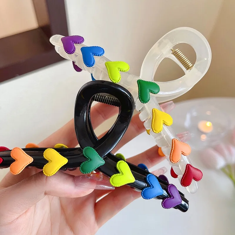 AWAYTR New Women Rainbow Love Large Hair Claw Clip Elegant Ponytail Hair Crab Shark Clip Girls Hairpin Clips Hair Accessories