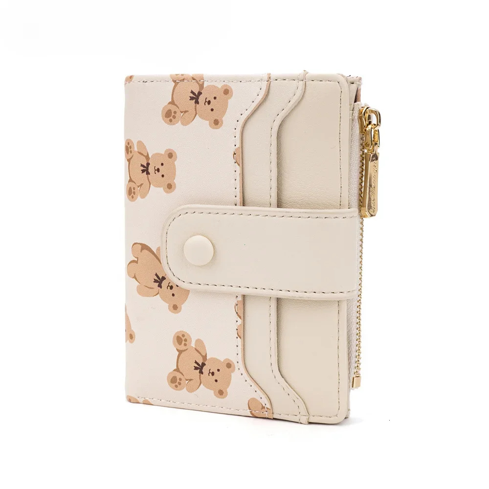 New designer women's short wallet PU leather women's double fold wallet cute bear card girl small zipper wallet with coin wallet
