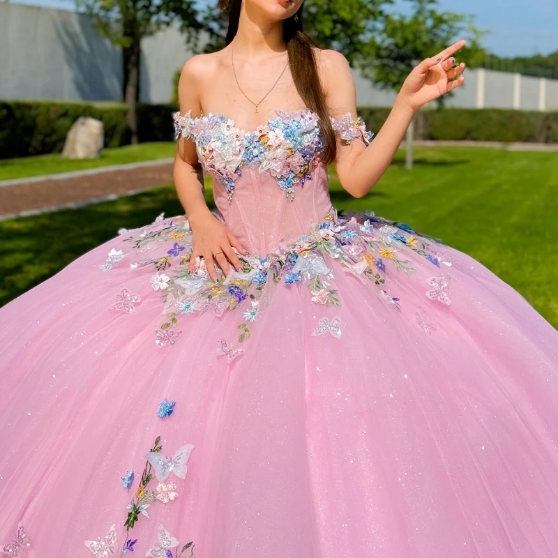 Pink Shiny Quinceanera Dresses Ball Gown Sweetheart Applique Lace Beading Bow Tulle Lace-Up Backless Party Princess Sweet 16 Dress Vestidos De 15 anos