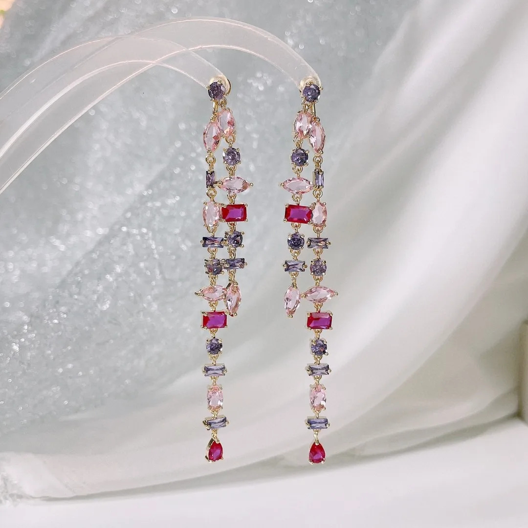 Christmas jewelry fashion long tassel cz girl earrings rainbow cz chain earrings Brincos Bijoux 241031