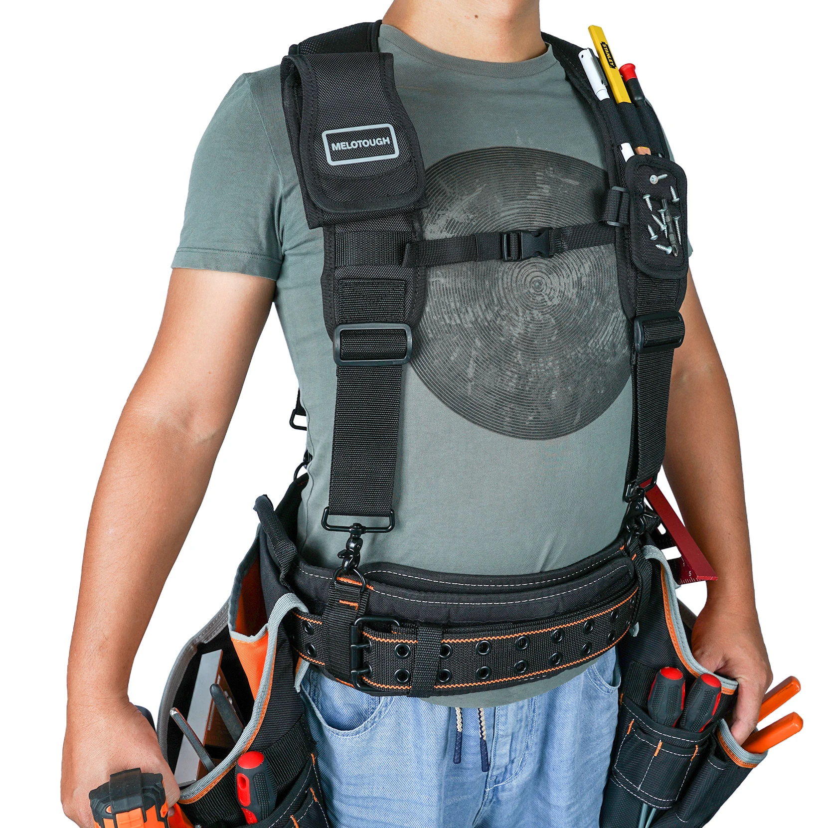 Magnetic Suspenders Tool Belt Suspenders with Large Moveable Phone Holder Pencil Holder, Adjustable Size Padded Suspends