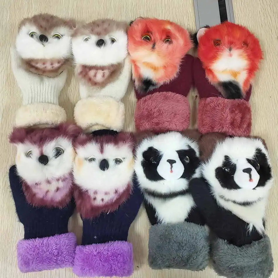 Female Warm Winter Gloves with Unicorn Animals Cat Fox Dog Girls Faux Fur Turn Cuff Extended Length Mittens 22cm