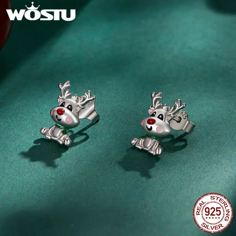 WOSTU 925 sterling silver lucky Christmas reindeer stud earrings cute animal earrings womens jewelry party birthday gift 241031