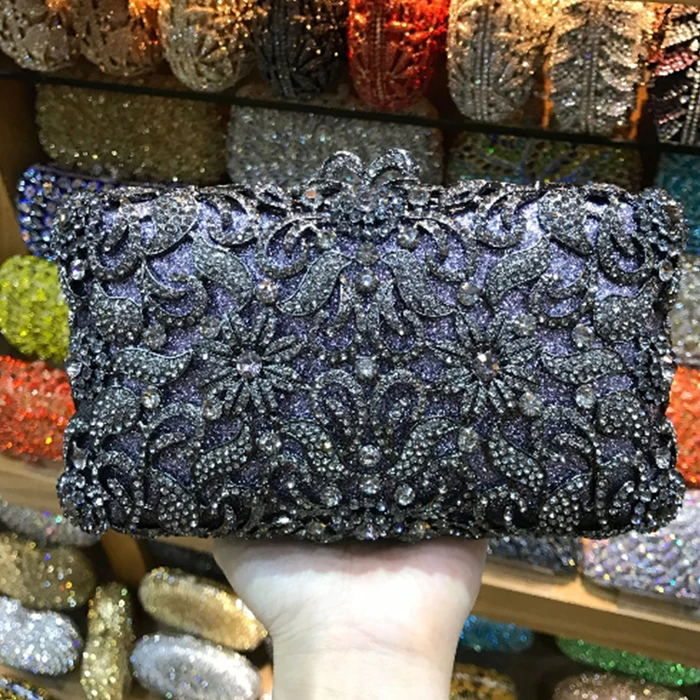 Dazzling Women Silver Color Crystal Flower Evening Bag Metal Clutches Diamond Wedding Minaudiere Handbag Bridal Clutch Purses