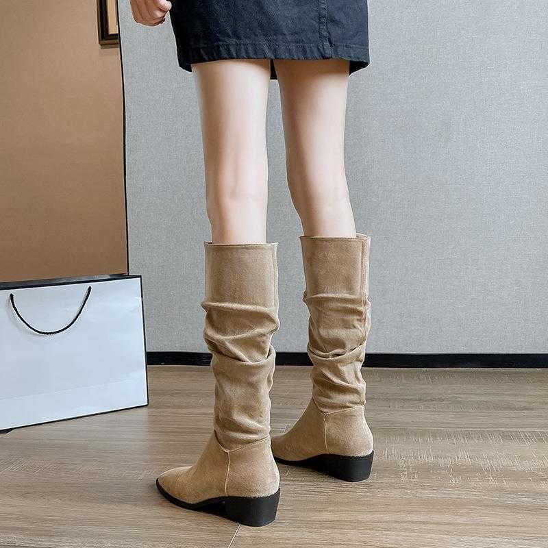 CMM Internal Height Increasing Pile Boots Long Leg Knight Boots New Autumn French Midsole Slim Western Cowboy Boots