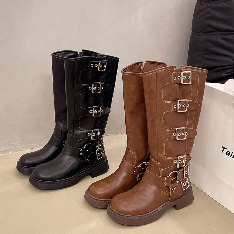 Autumn And Winter 2024 Vintage Thin Western Cowboy Boot Medium Heel Leather Cavalry Boots