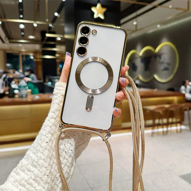 Crossbody Lanyard Magnetic Clear Case Samsung Galaxy S24 S23 S22 S21 FE Ultra Plus For Magsafe Electroplated Soft TPU Cover