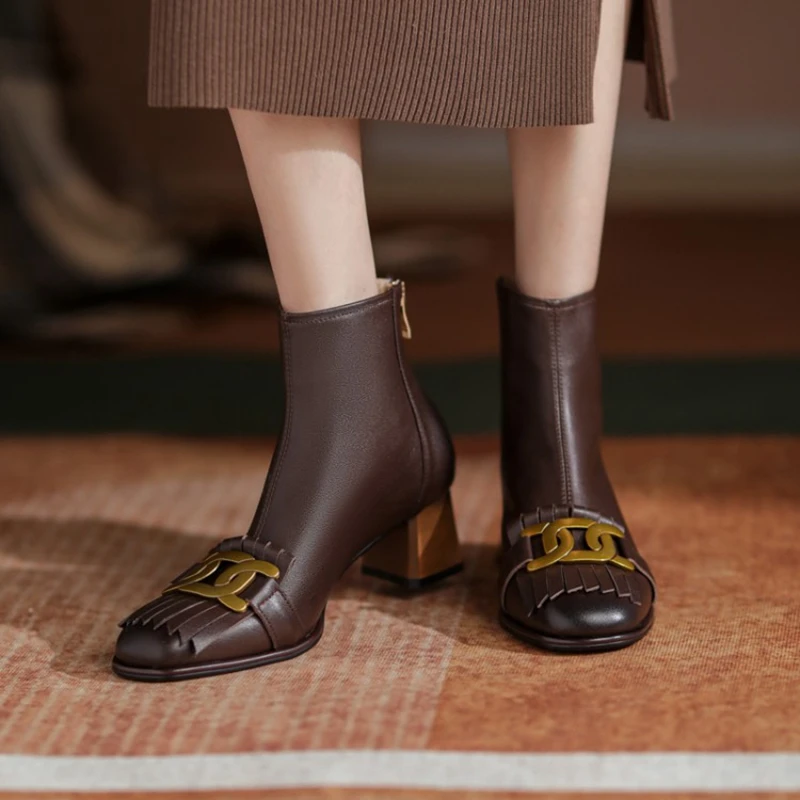 SALE HOT Tassel Metal Buckle Cute Genuine Leather for Short Chunky Boots Black Women Shoes e07c