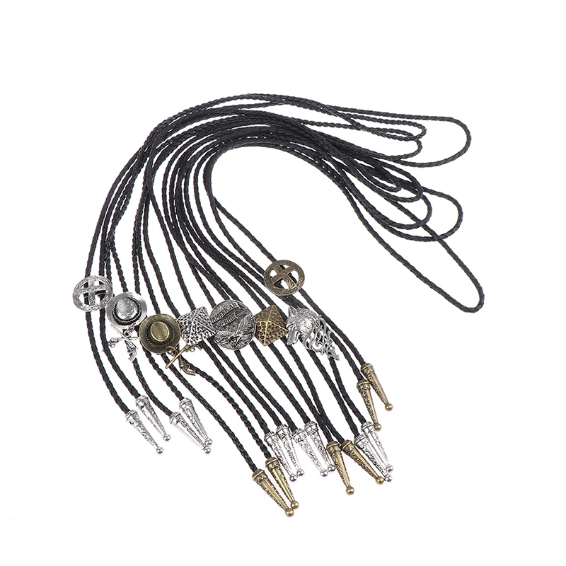 Vintage Cowboy Hat Alloy mens bolo tie Leather Rope Long Necklace