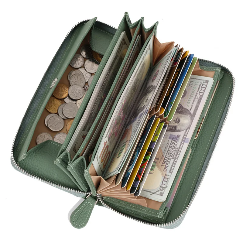 Women's wallet long handheld card holder large capacity multi-card clutch 100% genuine leather luxury zippered coin purse