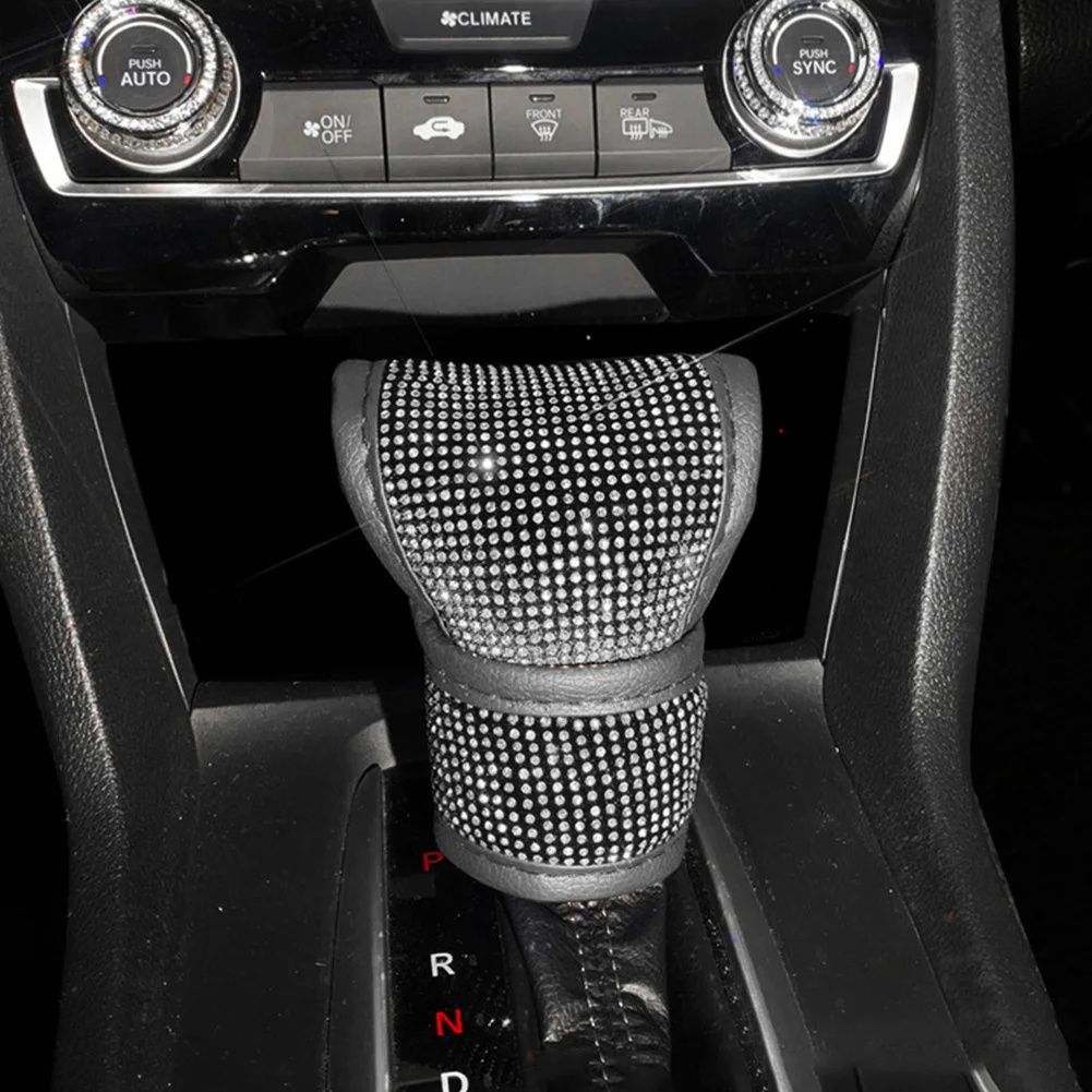 Bling Leather Auto Gear Shift Knob Cover Universal Crystal Rhinestones Car Accessories for Women