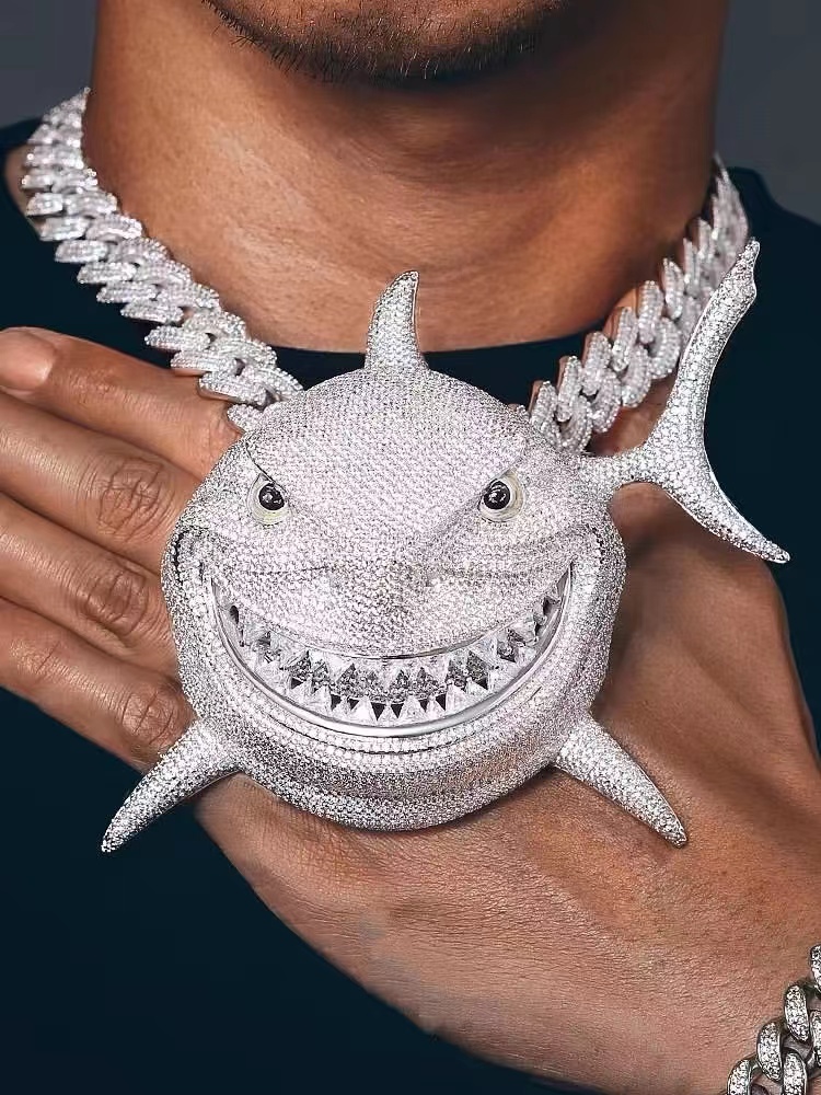 necklace moissanite chain Custom Hip KRKC Hop Jewellery Iced Out Diamond Large Shark Whale Necklace Pendant Jewelry