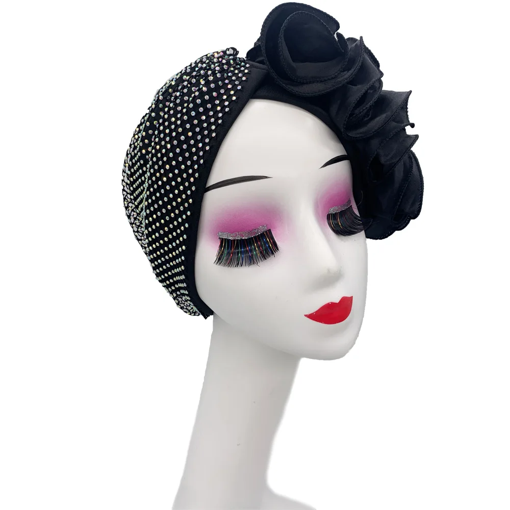 2023 New Diamonds Turban Cap for Women Ruffled African Lady Head Wraps Nigeria Party Headpiece Female Headscarf Bonnet