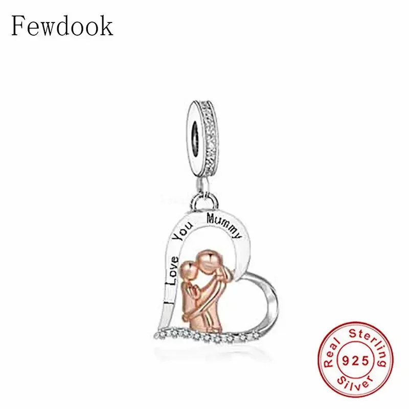 Fit Original Pan Charm Bracelet 925 Sterling Silver Mother and Two Children Mummy We Love You Bead For Making Women Berloque DIY