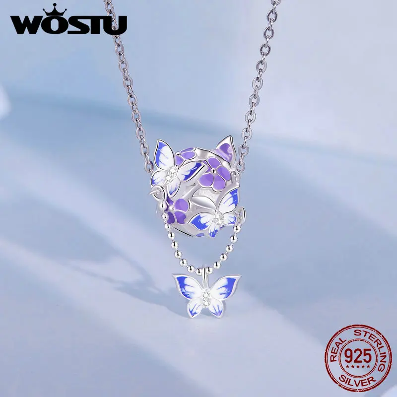 WOSTU 925 Sterling Silver Mystic Purple Flower Charms Beads Butterfly Safety Chain Fit Original Bracelet DIY Necklace Jewelry