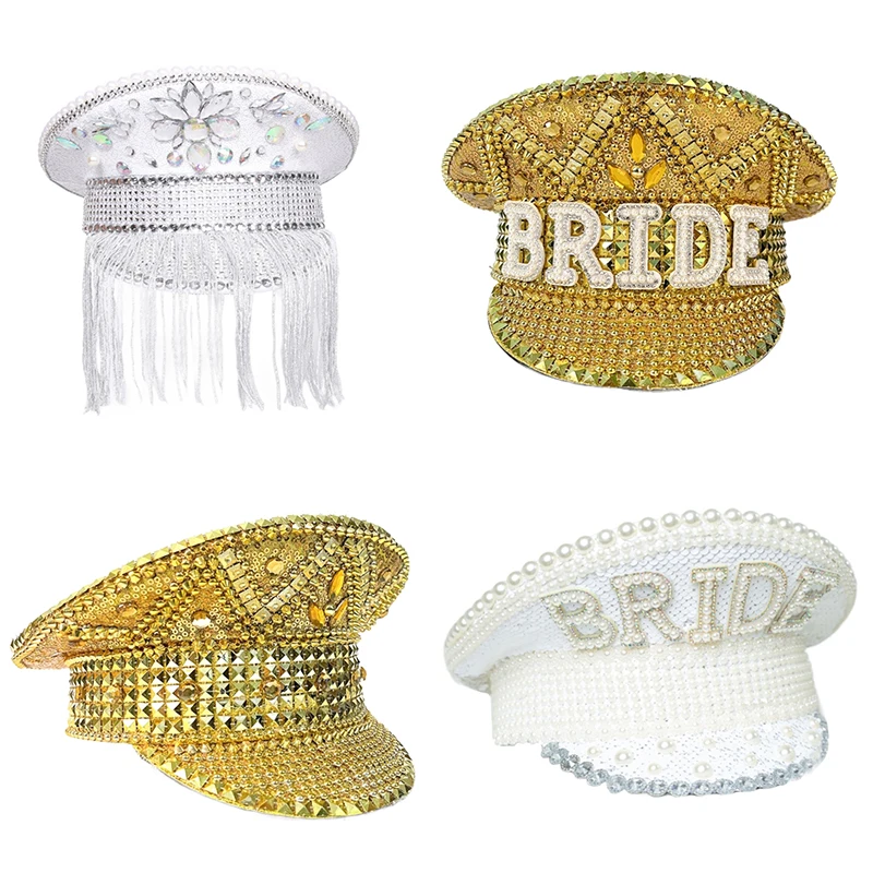 Rhinestones Bridal Hat for Wedding Glittering Fedora Sequin Hat Novelty-Party Hat Holiday Captain Hat for Bridal Shower