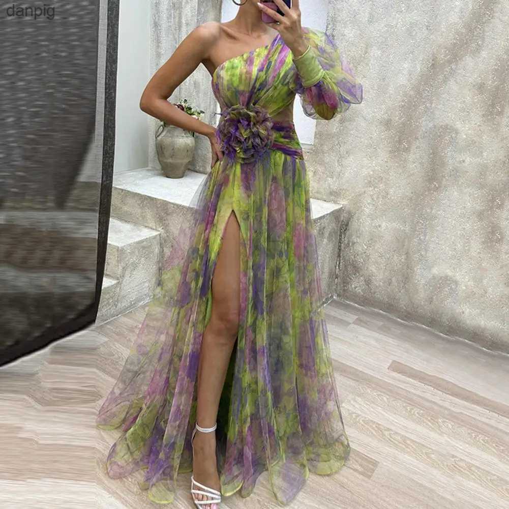 Urban Sexy Dresses Tie Dye Printed Shoulder Dress Formal Evening Dress Elegant One Shoulder Tie Dye Ball Dress Mesh Bubble Slime Split hem Y240402