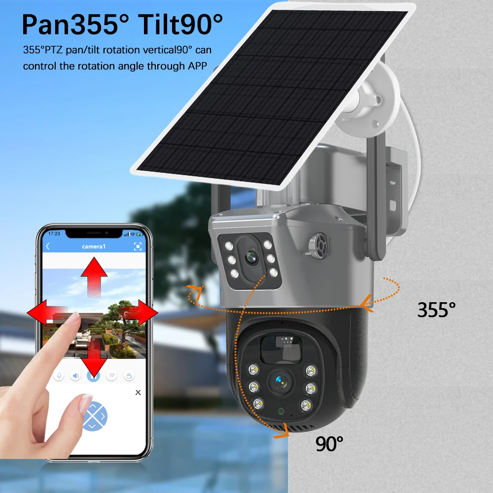 V380 Pro 4K 8MP 4G Dual Lens PTZ Solar Camera Black Dual Screens PIR Human Tracking Outdoor Security CCTV Surveillance IP Camera